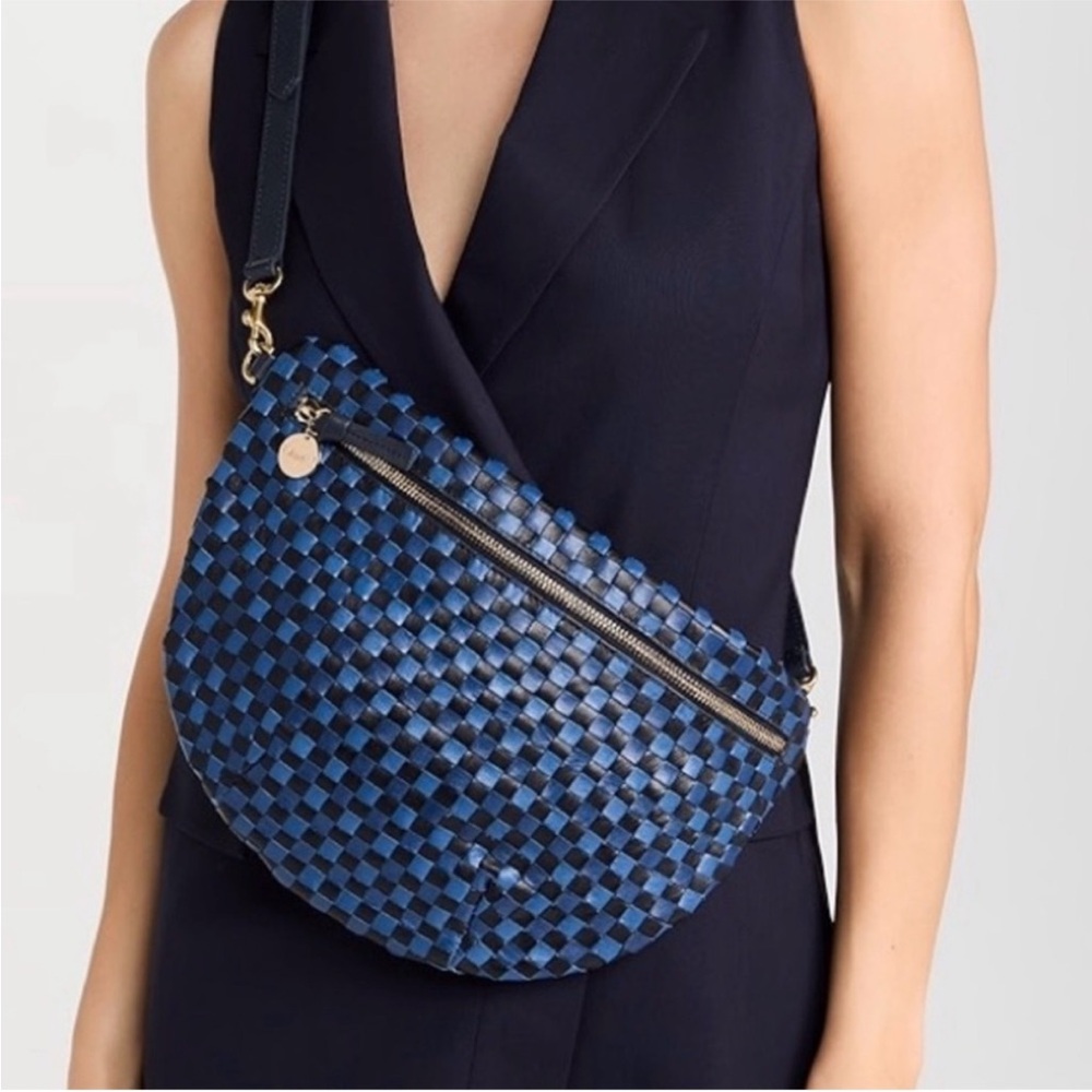 Clare V Grande Fanny dark blue and light blue woven check